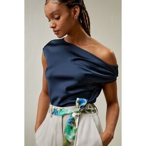 Lilysilk Top Womens 2 Navy Blue Mulberry Silk One Shoulder Blouse NWT